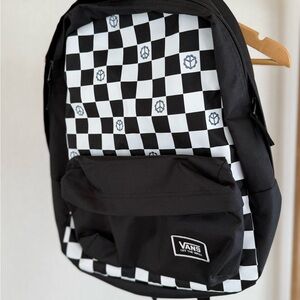 Vans Black and White glitter Check realm peace sign girls Backpack NWT